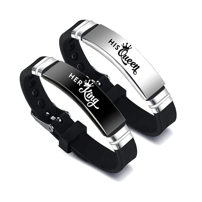 2 Pcs/Set His Queen Her King Couple Bracelet Stainless Steel Adjustable Silicone Strap Bangle Valentine's Day Gift - Lovaki