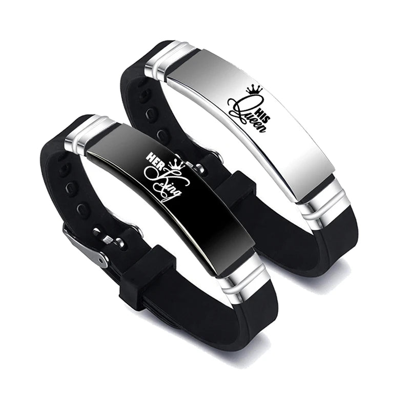 2 Pcs/Set His Queen Her King Couple Bracelet Stainless Steel Adjustable Silicone Strap Bangle Valentine's Day Gift - Lovaki