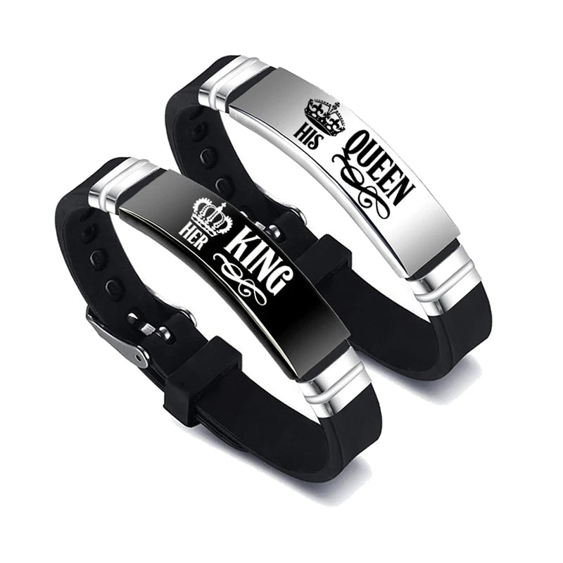 2 Pcs/Set His Queen Her King Couple Bracelet Stainless Steel Adjustable Silicone Strap Bangle Valentine's Day Gift - Lovaki