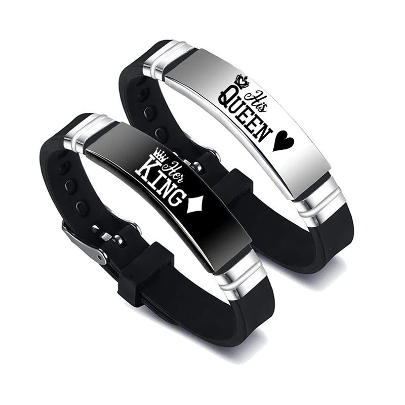 2 Pcs/Set His Queen Her King Couple Bracelet Stainless Steel Adjustable Silicone Strap Bangle Valentine's Day Gift - Lovaki