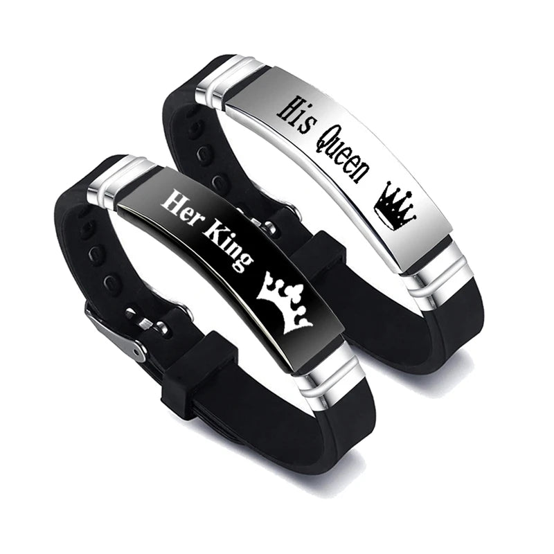 2 Pcs/Set His Queen Her King Couple Bracelet Stainless Steel Adjustable Silicone Strap Bangle Valentine's Day Gift - Lovaki