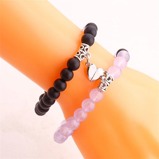 2PCS/Set Beads Couple Bracelets Natural Stone Distance Heart Magnet Bracelet For Lovers Fashion Lovers Jewelry Gift - Lovaki
