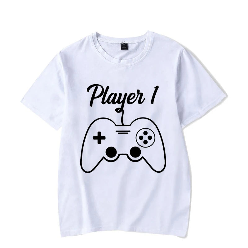 Couple Matching T-Shirt Funny Game Player 1 Player 2 Shirts Short Sleeve Loose Women Men Tshirt Pregnancy Announcement Tops - Lovaki