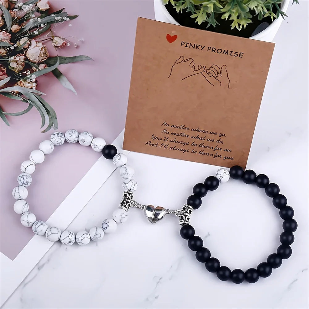 2PCS/Set Beads Couple Bracelets Natural Stone Distance Heart Magnet Bracelet For Lovers Fashion Lovers Jewelry Gift - Lovaki
