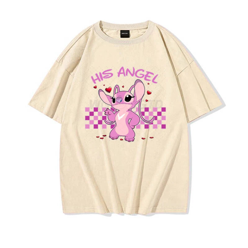 Couples Matching T Shirt Her Stitch His Angle Funny Graphic T Shirts Women Men 100% Cotton Summer Clothes Couple's Clothing - Lovaki