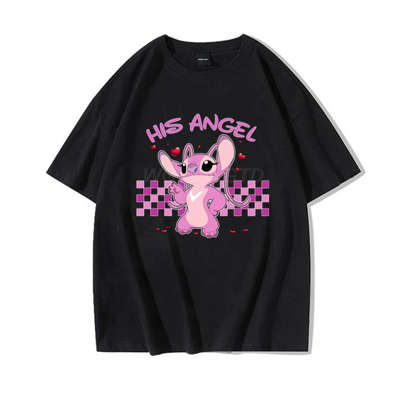 Couples Matching T Shirt Her Stitch His Angle Funny Graphic T Shirts Women Men 100% Cotton Summer Clothes Couple's Clothing - Lovaki