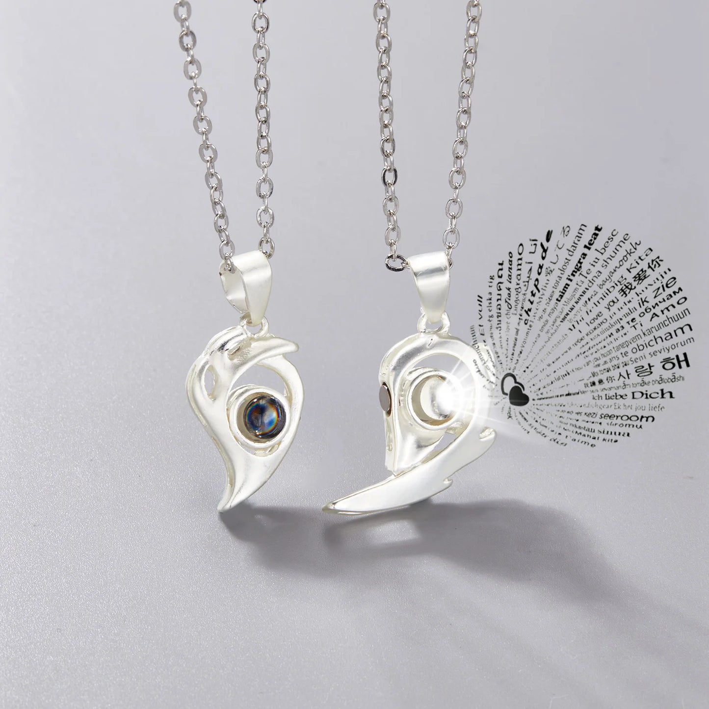 2Pc Magnetic Couple Necklace Set Distance Heart Matching Projection Pendent 100 Languages I Love You Lovers Necklace Jewelry - Lovaki