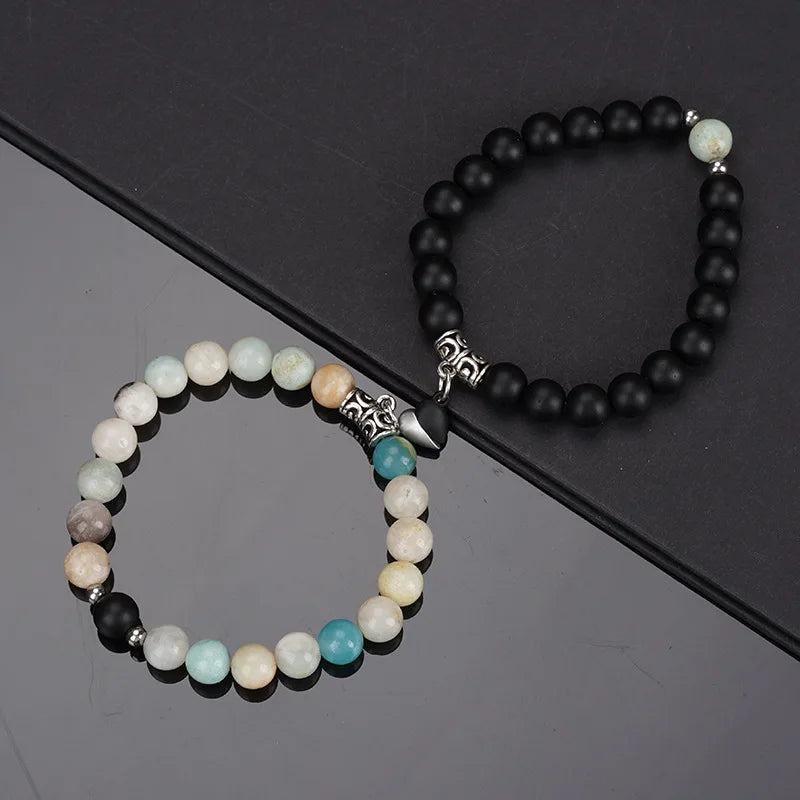 2PCS/Set Beads Couple Bracelets Natural Stone Distance Heart Magnet Bracelet For Lovers Fashion Lovers Jewelry Gift - Lovaki