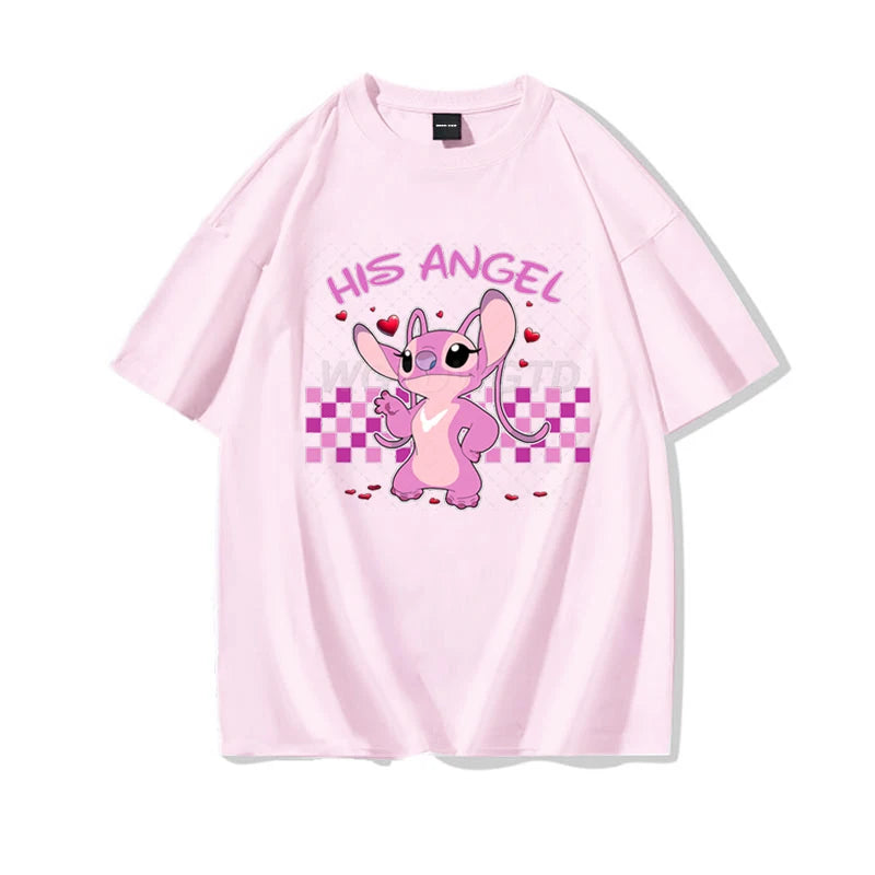 Couples Matching T Shirt Her Stitch His Angle Funny Graphic T Shirts Women Men 100% Cotton Summer Clothes Couple's Clothing - Lovaki