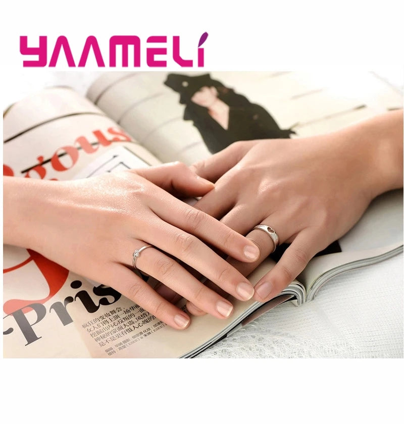 One Set Couple Bague Lover Best Gifts Silver Circle Hollow Heart Ring for Women Men Wedding Accessories Crystal Rings Jewelry - Lovaki
