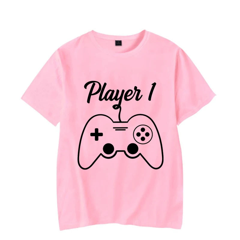 Couple Matching T-Shirt Funny Game Player 1 Player 2 Shirts Short Sleeve Loose Women Men Tshirt Pregnancy Announcement Tops - Lovaki