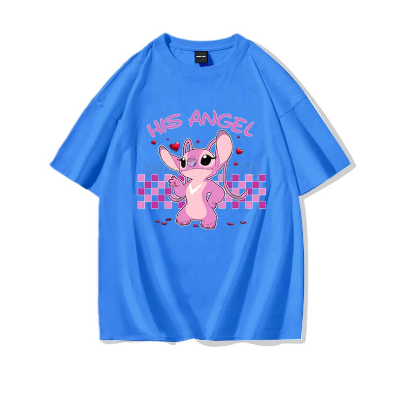 Couples Matching T Shirt Her Stitch His Angle Funny Graphic T Shirts Women Men 100% Cotton Summer Clothes Couple's Clothing - Lovaki