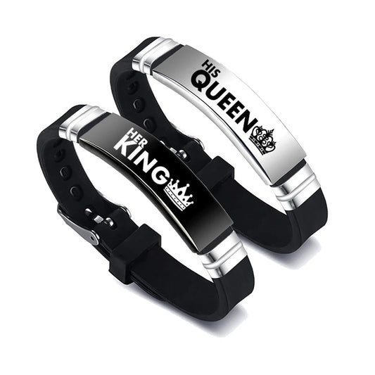 2 Pcs/Set His Queen Her King Couple Bracelet Stainless Steel Adjustable Silicone Strap Bangle Valentine's Day Gift - Lovaki