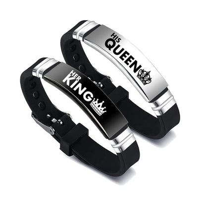 2 Pcs/Set His Queen Her King Couple Bracelet Stainless Steel Adjustable Silicone Strap Bangle Valentine's Day Gift - Lovaki