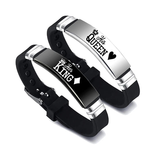 2 Pcs/Set His Queen Her King Couple Bracelet Stainless Steel Adjustable Silicone Strap Bangle Valentine's Day Gift - Lovaki