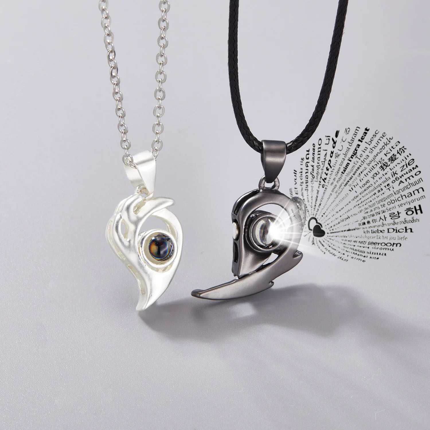 2Pc Magnetic Couple Necklace Set Distance Heart Matching Projection Pendent 100 Languages I Love You Lovers  Necklace Jewelry - Lovaki
