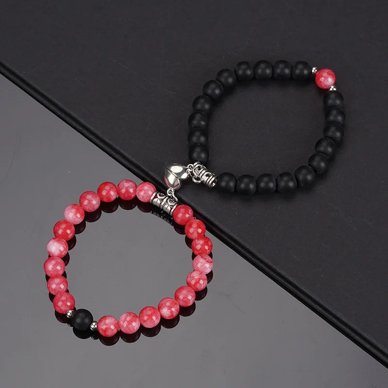 2PCS/Set Beads Couple Bracelets Natural Stone Distance Heart Magnet Bracelet For Lovers  Fashion Lovers Jewelry Gift - Lovaki