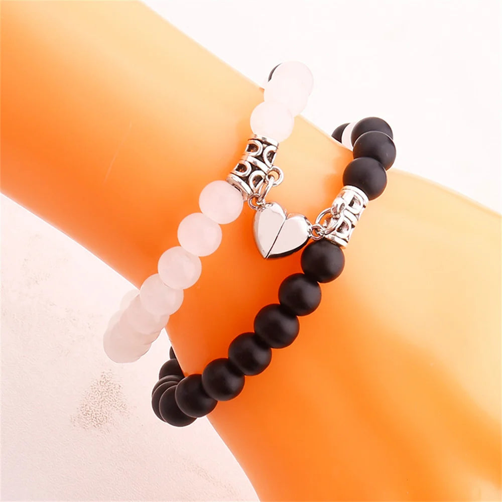 2PCS/Set Beads Couple Bracelets Natural Stone Distance Heart Magnet Bracelet For Lovers  Fashion Lovers Jewelry Gift - Lovaki