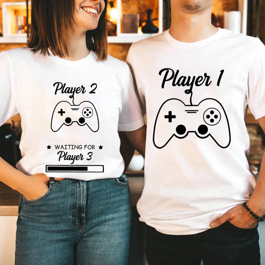Couple Matching  T-Shirt Funny Game Player 1 Player 2 Shirts Short Sleeve Loose Women Men Tshirt Pregnancy Announcement Tops - Lovaki