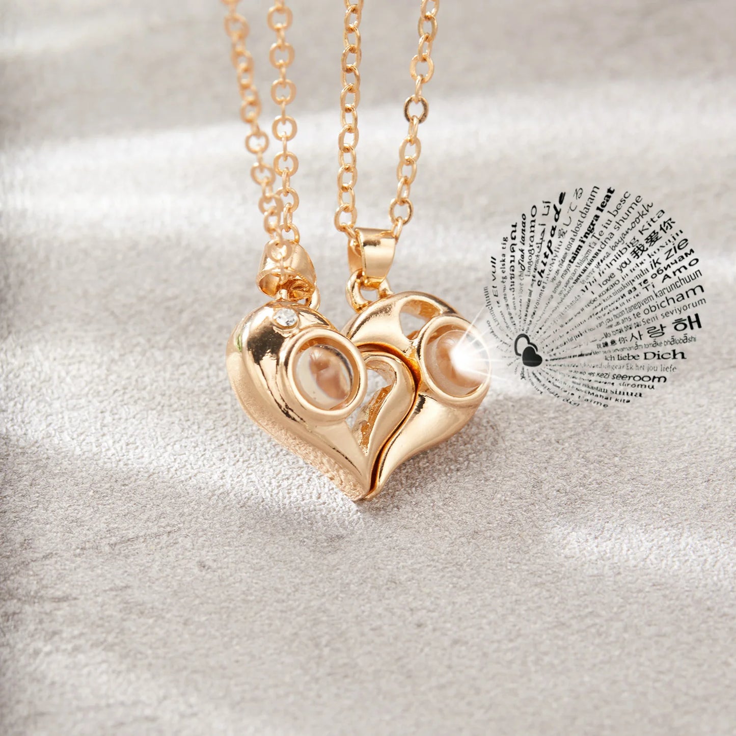 2Pc Magnetic Couple Necklace Set Distance Heart Matching Projection Pendent 100 Languages I Love You Lovers  Necklace Jewelry - Lovaki