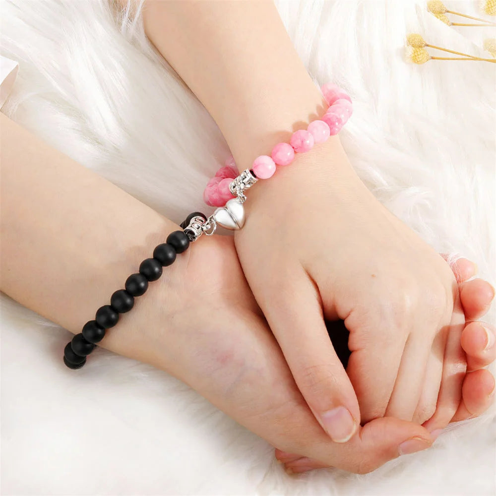 2PCS/Set Beads Couple Bracelets Natural Stone Distance Heart Magnet Bracelet For Lovers  Fashion Lovers Jewelry Gift - Lovaki