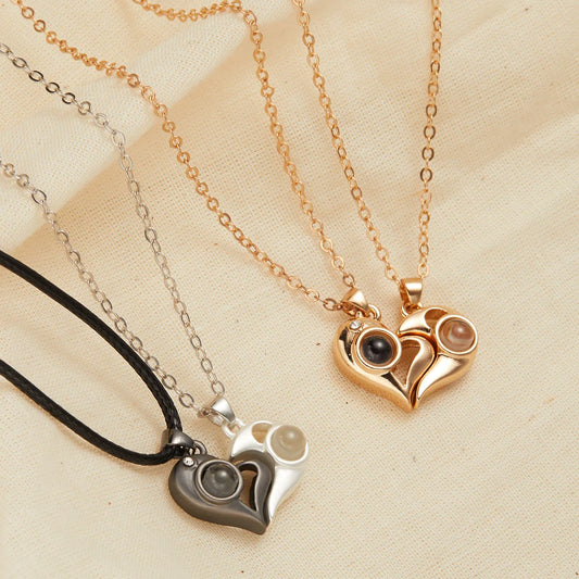 2Pc Magnetic Couple Necklace Set Distance Heart Matching Projection Pendent 100 Languages I Love You Lovers  Necklace Jewelry - Lovaki
