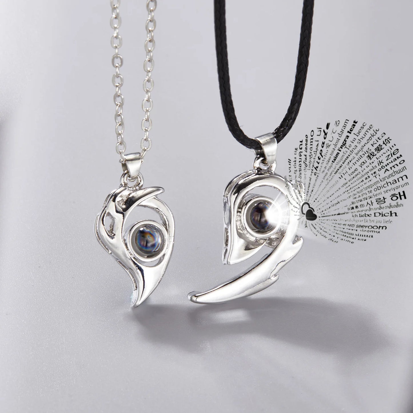 2Pc Magnetic Couple Necklace Set Distance Heart Matching Projection Pendent 100 Languages I Love You Lovers  Necklace Jewelry - Lovaki