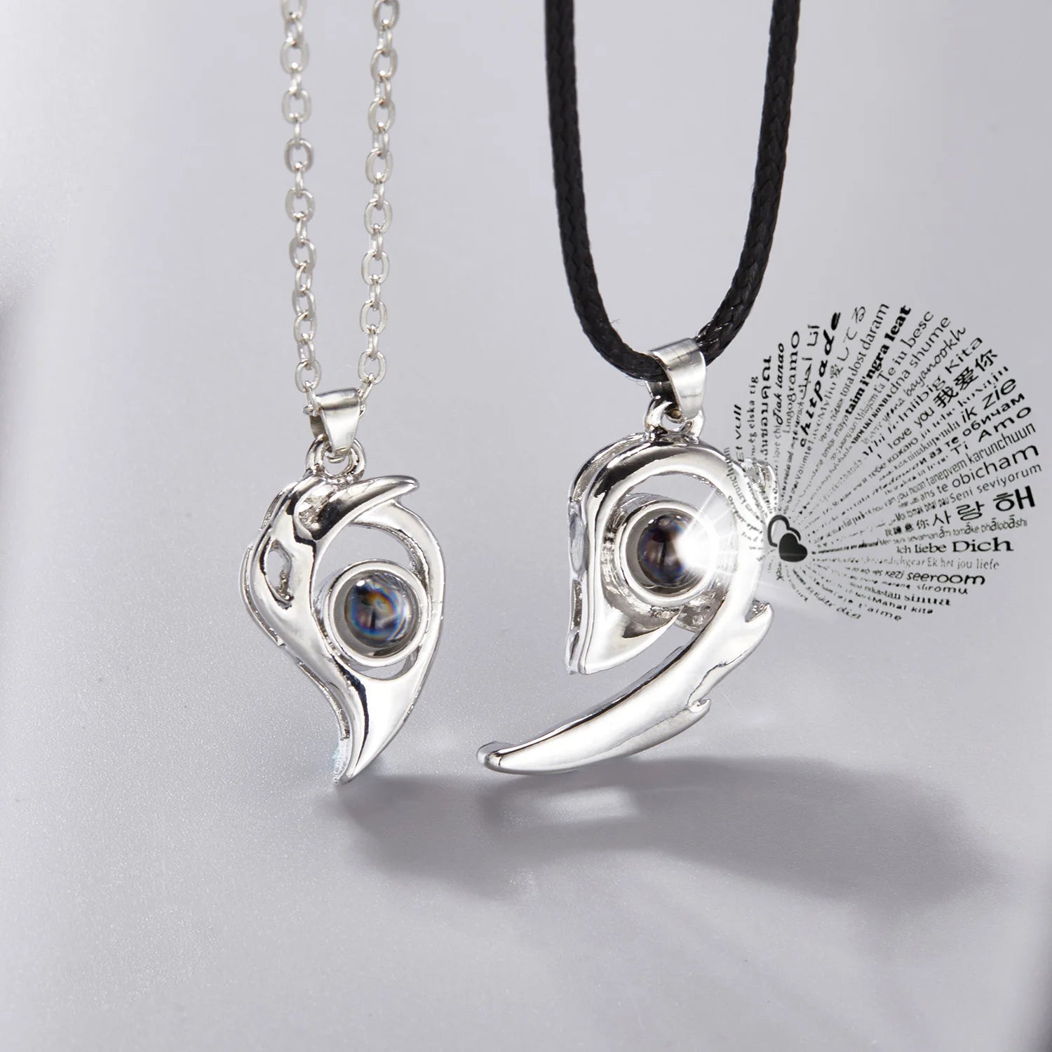 2Pc Magnetic Couple Necklace Set Distance Heart Matching Projection Pendent 100 Languages I Love You Lovers  Necklace Jewelry - Lovaki