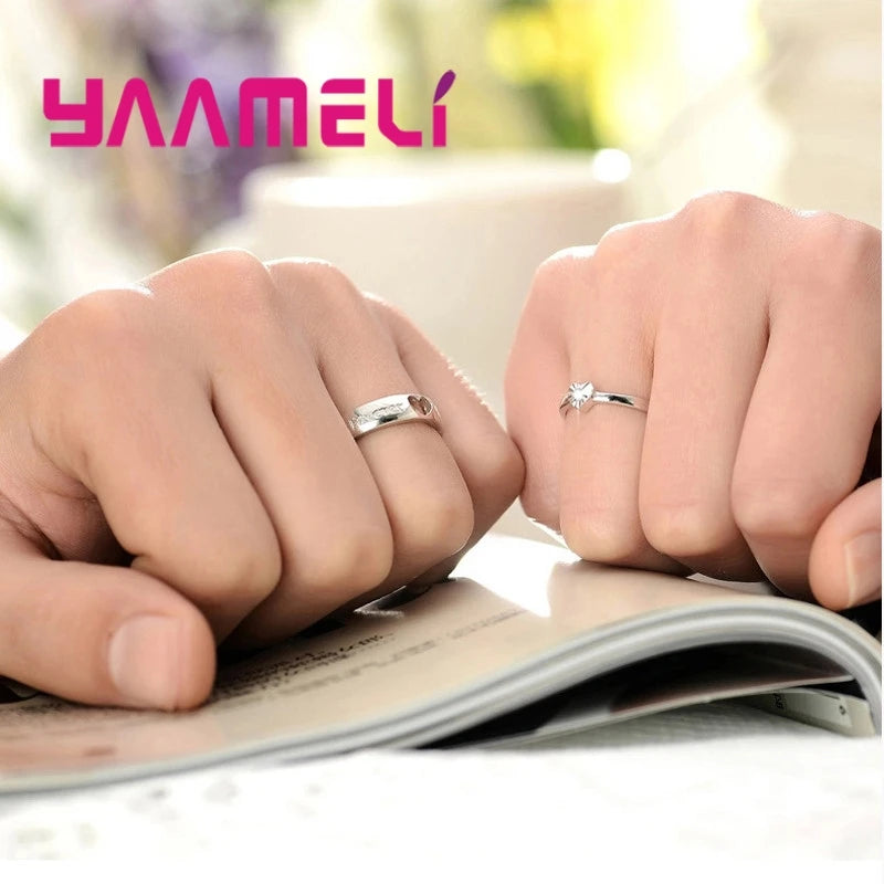 One Set Couple Bague Lover Best Gifts Silver Circle Hollow Heart Ring for Women Men Wedding Accessories Crystal Rings Jewelry - Lovaki