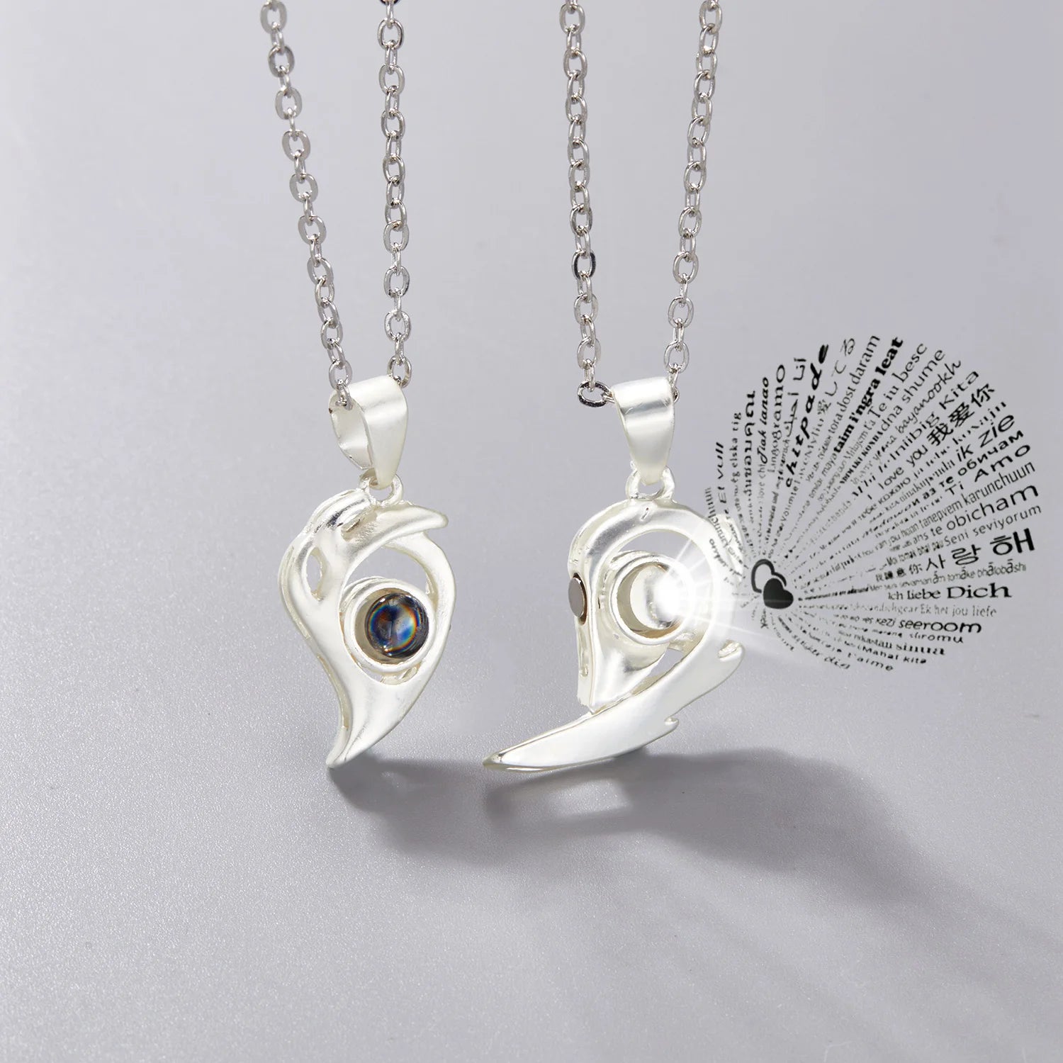 2Pc Magnetic Couple Necklace Set Distance Heart Matching Projection Pendent 100 Languages I Love You Lovers  Necklace Jewelry - Lovaki