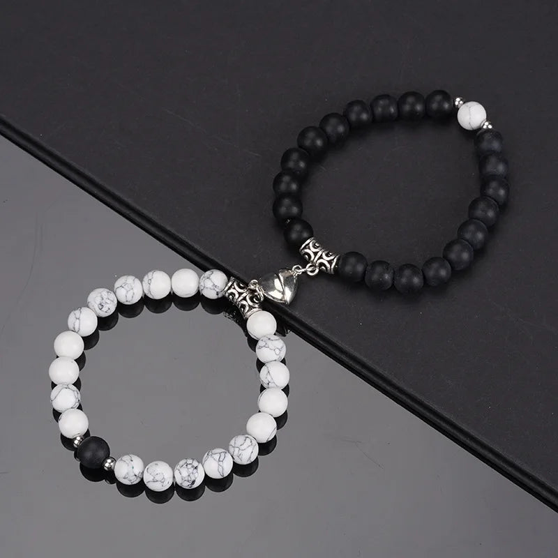 2PCS/Set Beads Couple Bracelets Natural Stone Distance Heart Magnet Bracelet For Lovers  Fashion Lovers Jewelry Gift - Lovaki