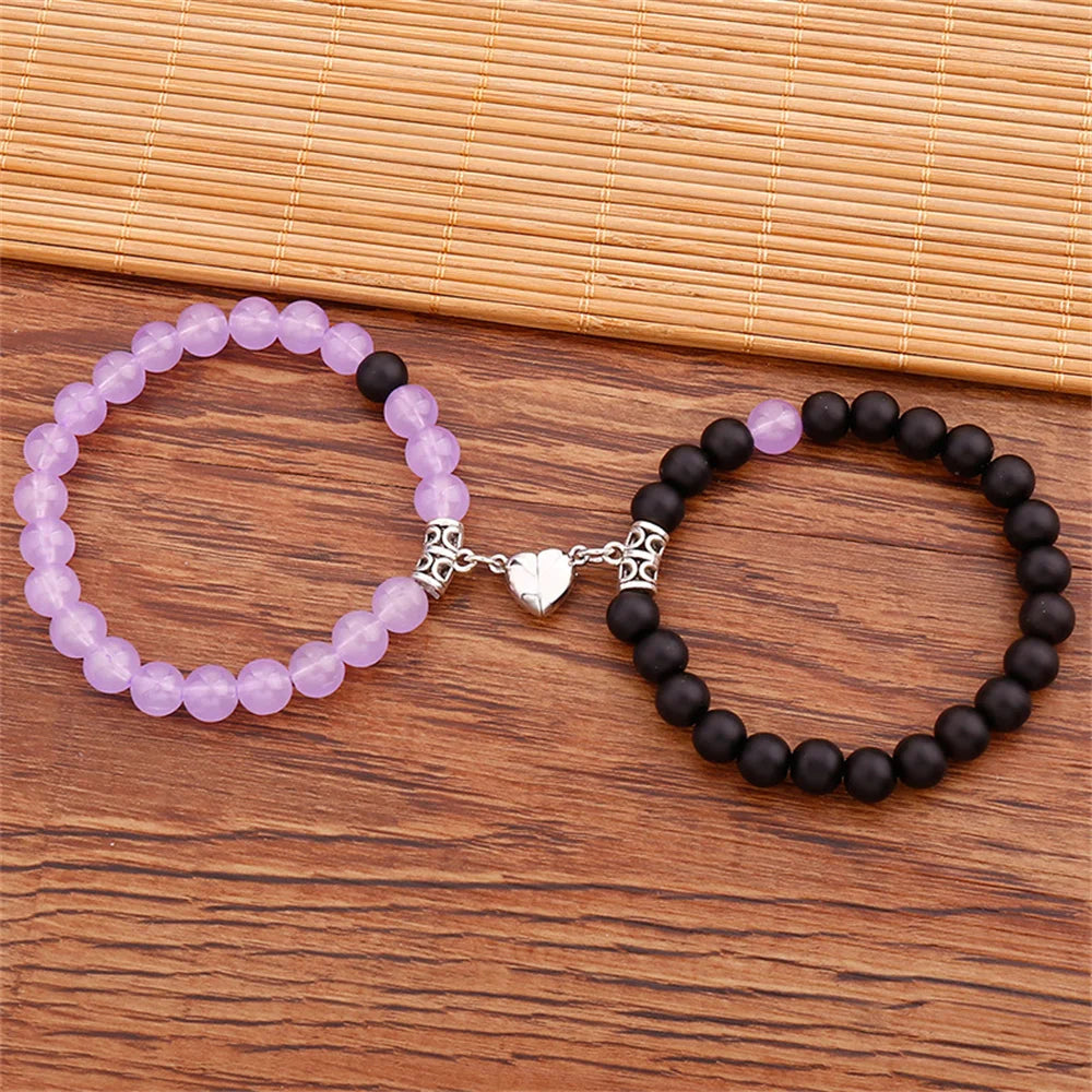 2PCS/Set Beads Couple Bracelets Natural Stone Distance Heart Magnet Bracelet For Lovers  Fashion Lovers Jewelry Gift - Lovaki