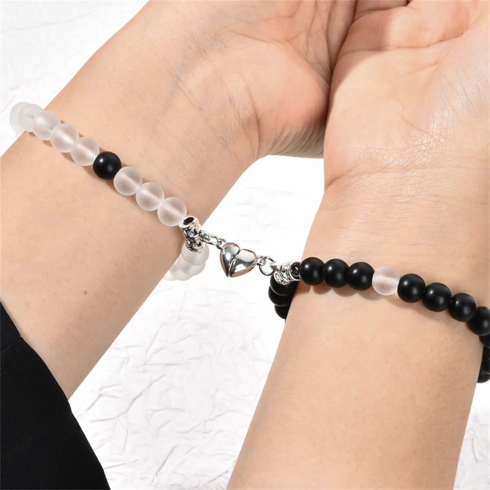2PCS/Set Beads Couple Bracelets Natural Stone Distance Heart Magnet Bracelet For Lovers  Fashion Lovers Jewelry Gift - Lovaki