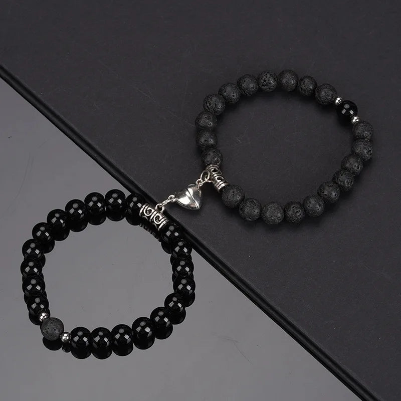 2PCS/Set Beads Couple Bracelets Natural Stone Distance Heart Magnet Bracelet For Lovers  Fashion Lovers Jewelry Gift - Lovaki