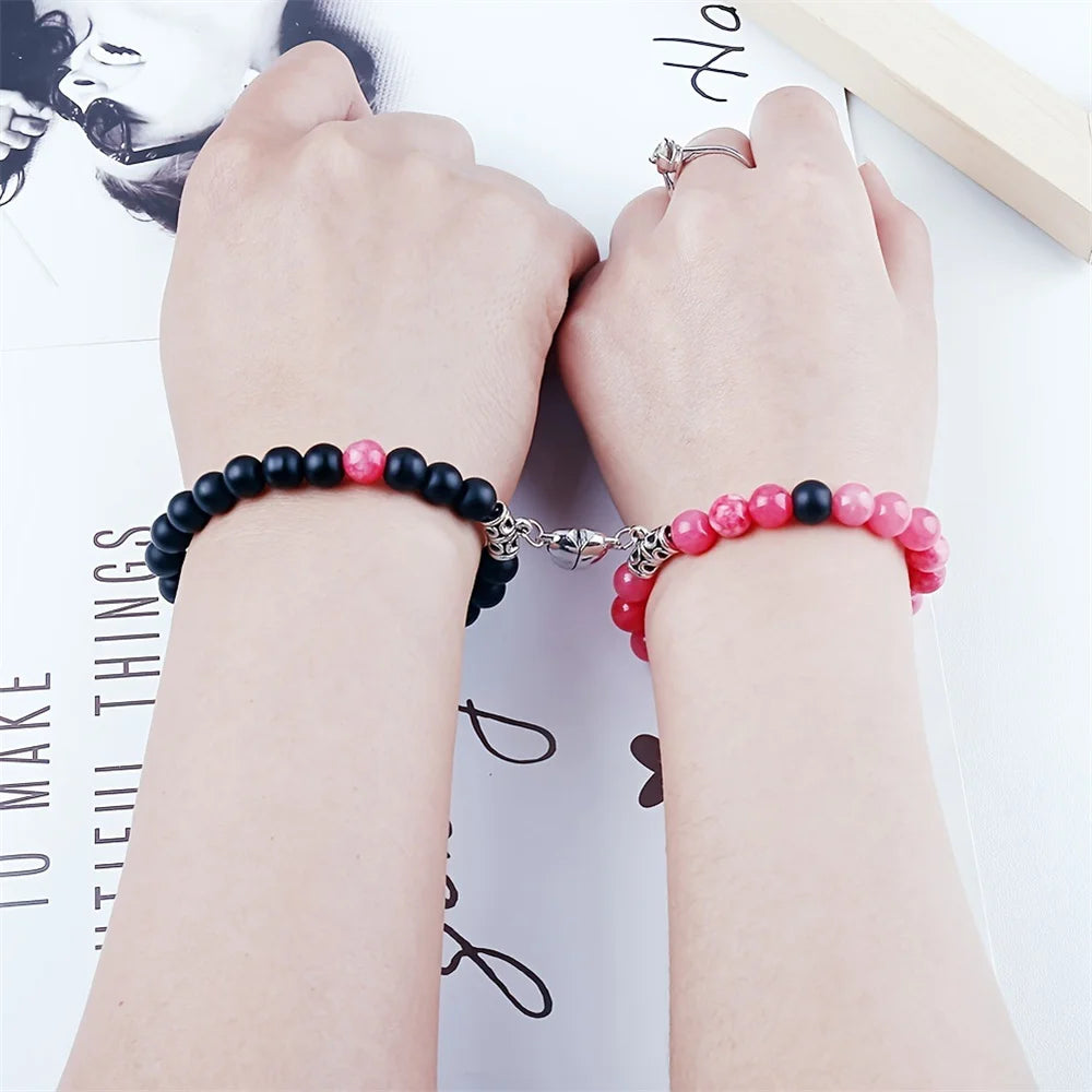 2PCS/Set Beads Couple Bracelets Natural Stone Distance Heart Magnet Bracelet For Lovers  Fashion Lovers Jewelry Gift - Lovaki