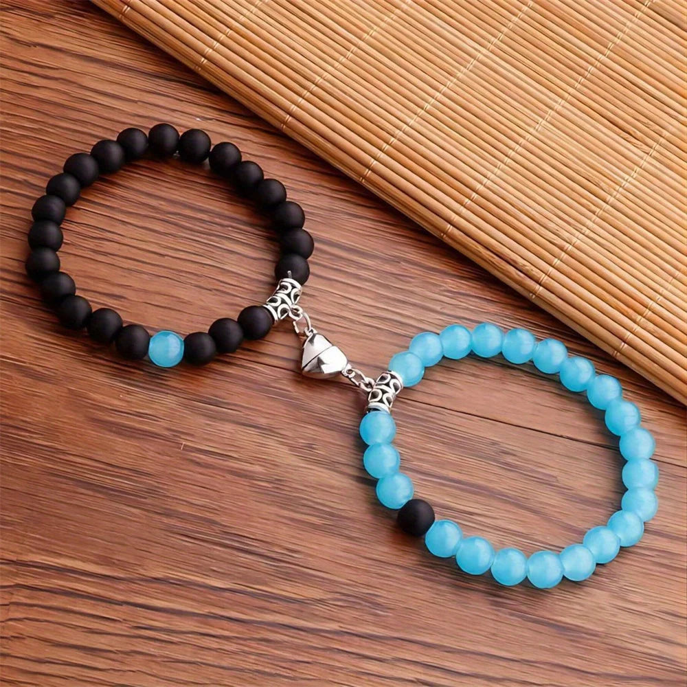 2PCS/Set Beads Couple Bracelets Natural Stone Distance Heart Magnet Bracelet For Lovers  Fashion Lovers Jewelry Gift - Lovaki
