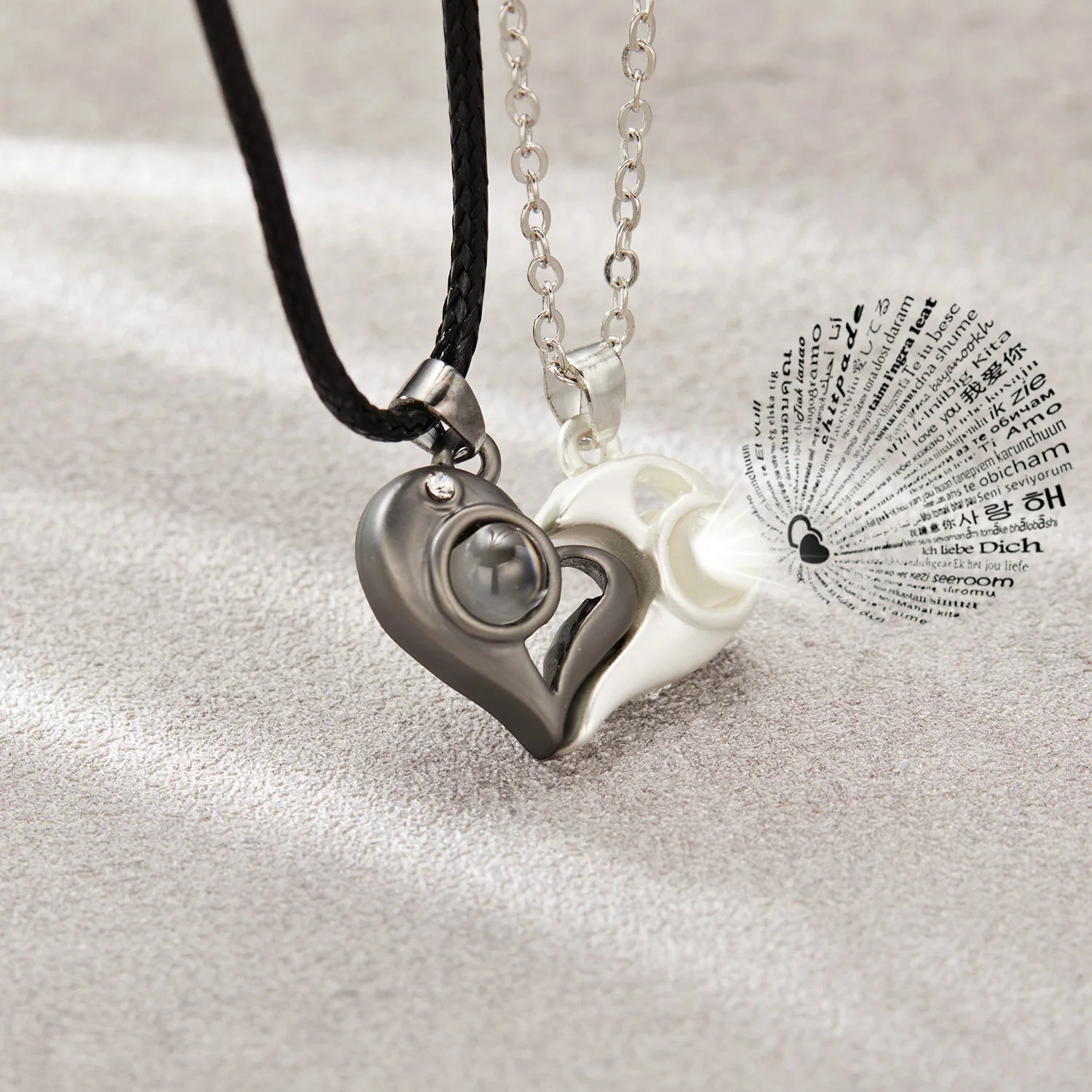 2Pc Magnetic Couple Necklace Set Distance Heart Matching Projection Pendent 100 Languages I Love You Lovers  Necklace Jewelry - Lovaki