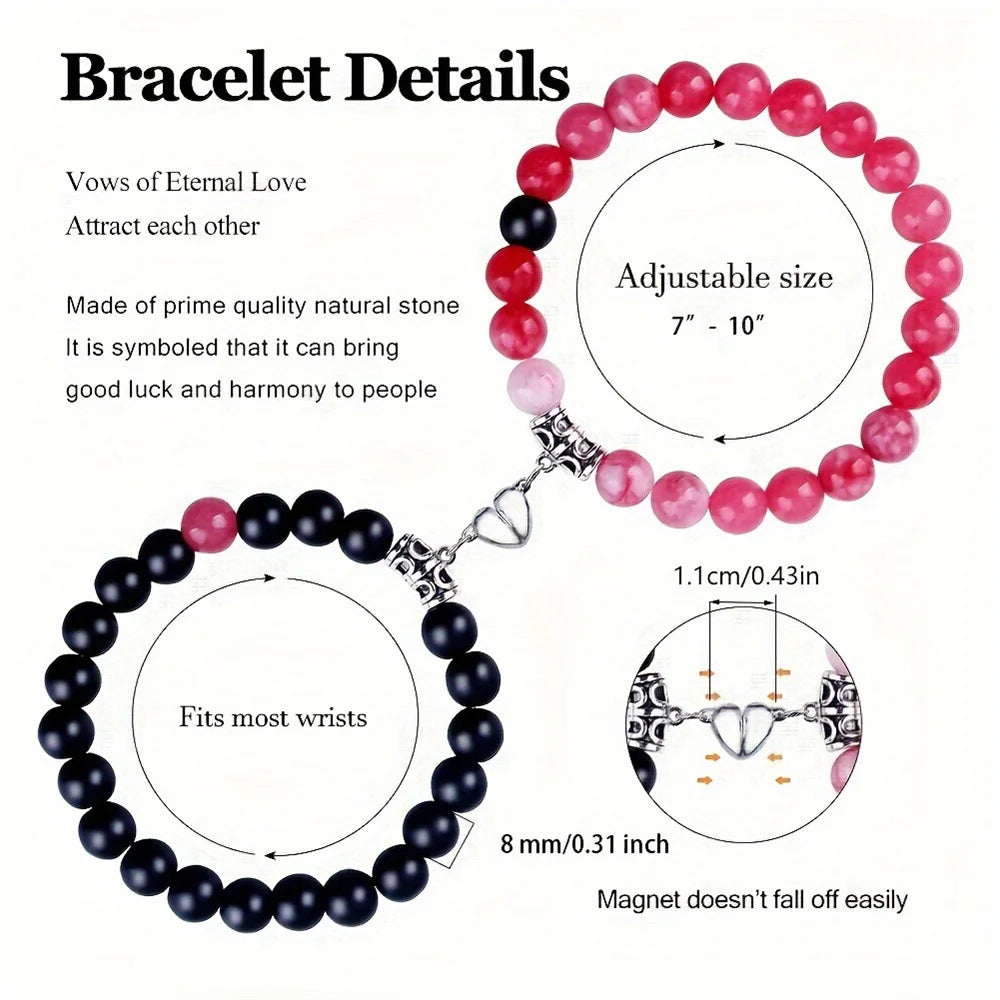 2PCS/Set Beads Couple Bracelets Natural Stone Distance Heart Magnet Bracelet For Lovers  Fashion Lovers Jewelry Gift - Lovaki