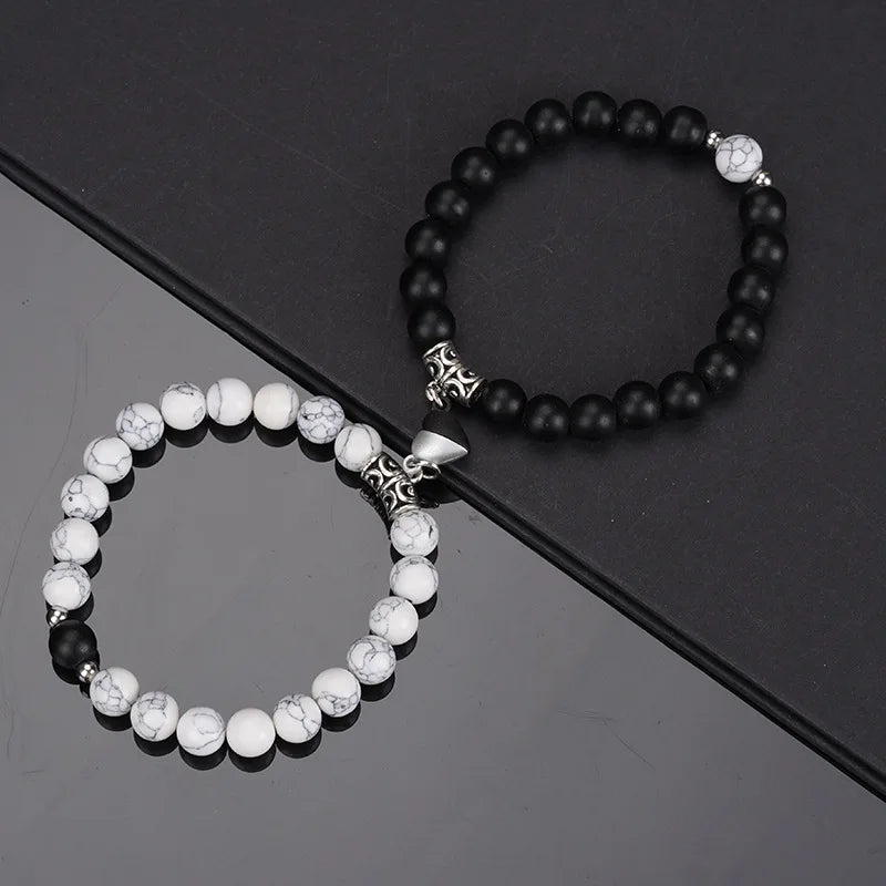 2PCS/Set Beads Couple Bracelets Natural Stone Distance Heart Magnet Bracelet For Lovers  Fashion Lovers Jewelry Gift - Lovaki