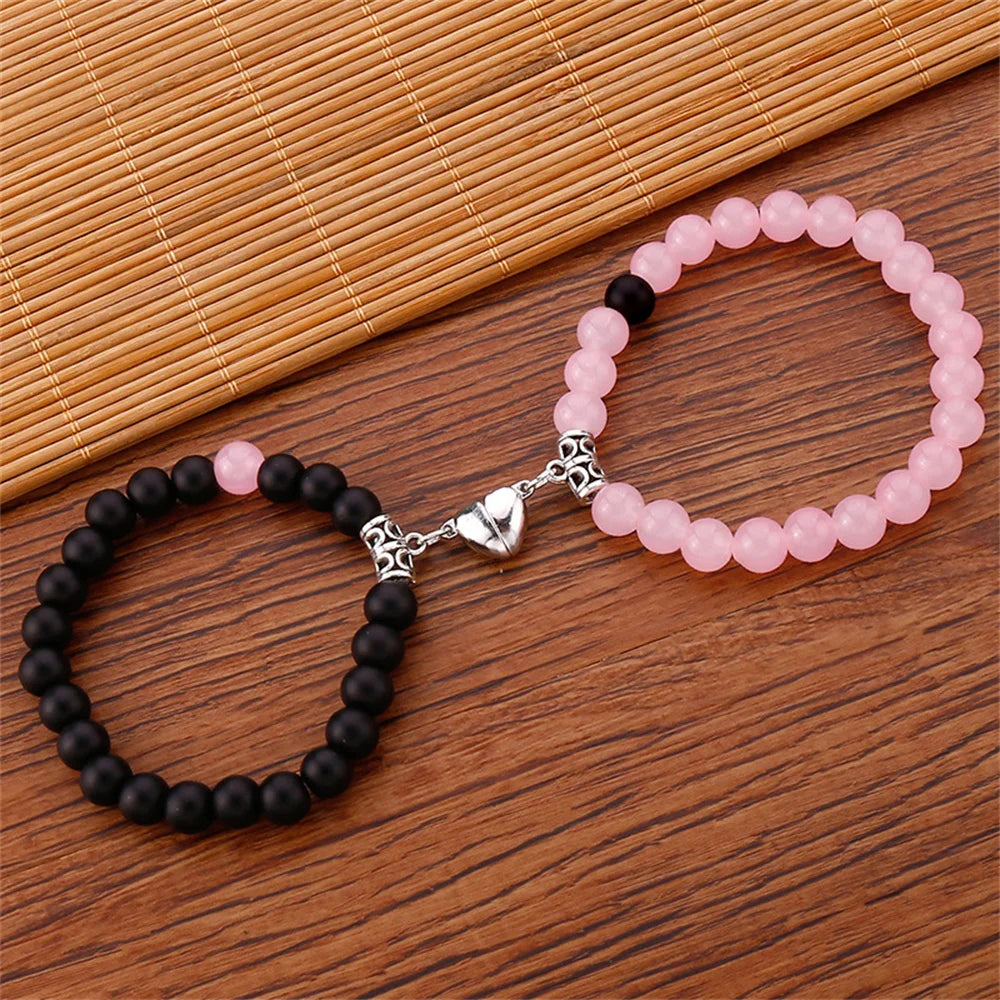 2PCS/Set Beads Couple Bracelets Natural Stone Distance Heart Magnet Bracelet For Lovers  Fashion Lovers Jewelry Gift - Lovaki