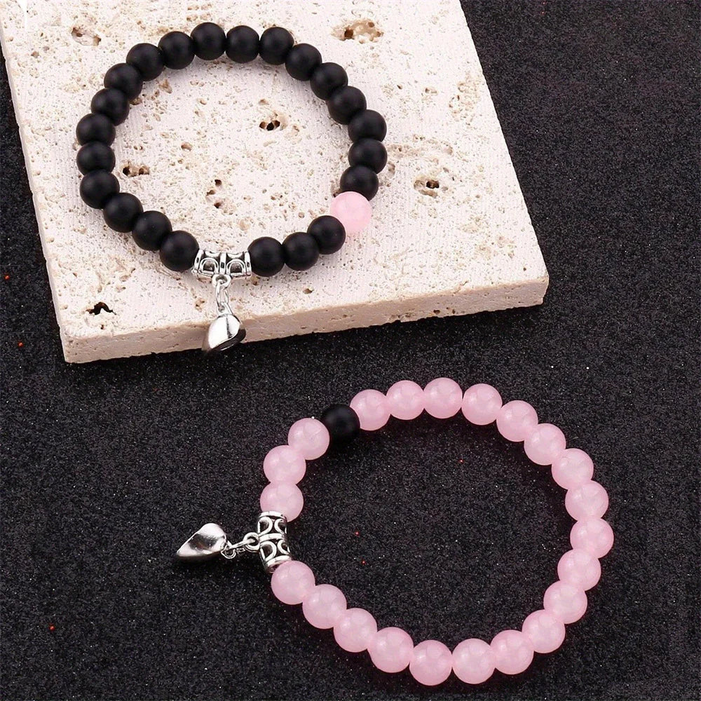 2PCS/Set Beads Couple Bracelets Natural Stone Distance Heart Magnet Bracelet For Lovers  Fashion Lovers Jewelry Gift - Lovaki