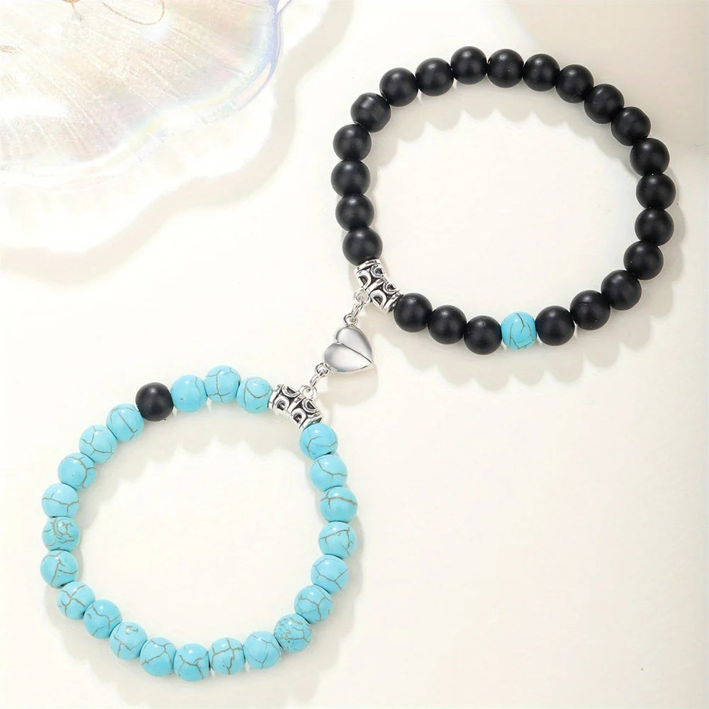 2PCS/Set Beads Couple Bracelets Natural Stone Distance Heart Magnet Bracelet For Lovers  Fashion Lovers Jewelry Gift - Lovaki